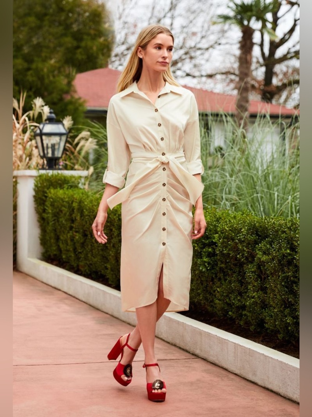 Antonio Melani Roxanne Button-Front Shirt Midi Dress in Brown Rust Waist Tie 2 - Picture 2 of 11